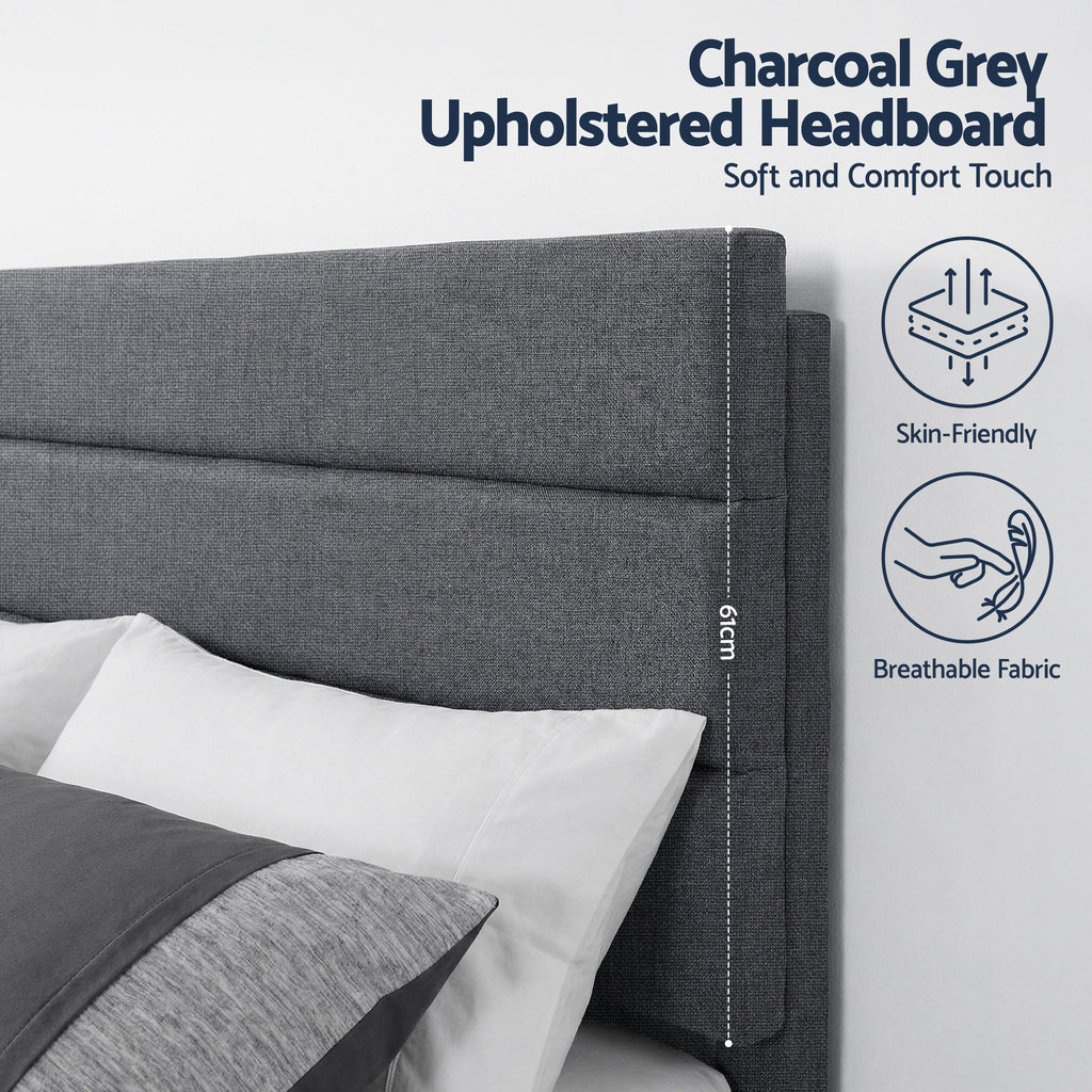 Artiss Queen Bed Frame Upholstered Platform Base with Geometric Headboard Charcoal Grey Linen Wood Slats for Modern Bedroom Furniture Home Decor