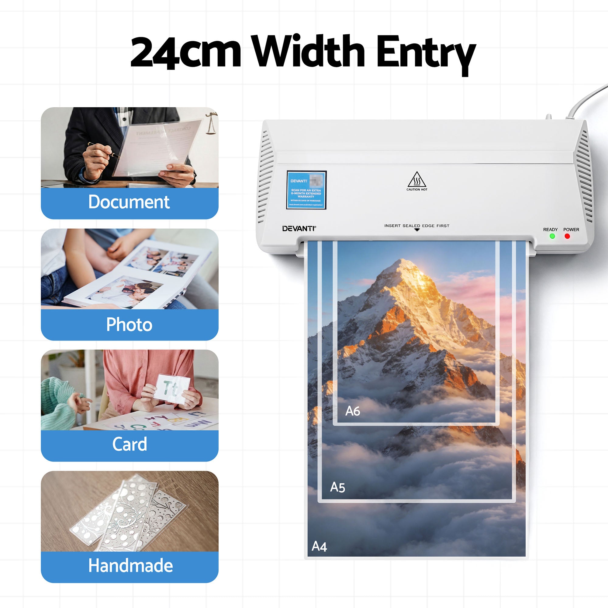 Devanti A4 Laminator Machine, Hot & Cold Thermal Fast Lamination Anti-Jam Laminator for Office School Home Document Photo Card Handmade A4 A5 A6, White