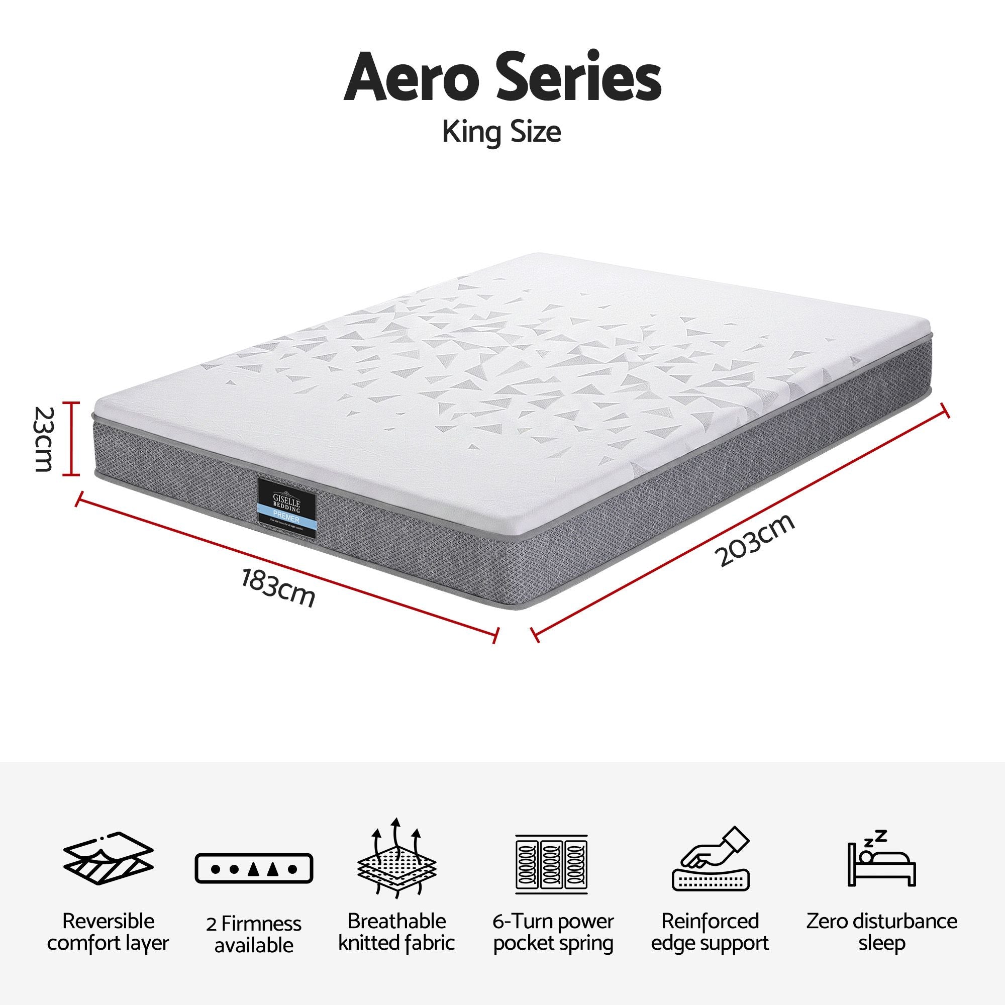Giselle Bedding King Mattress 23cm Pocket Spring Mattress with Adjustable Firmness Reversible Foam Layer for Medium Firm & Firm Support Motion Isolation Bedroom Bed