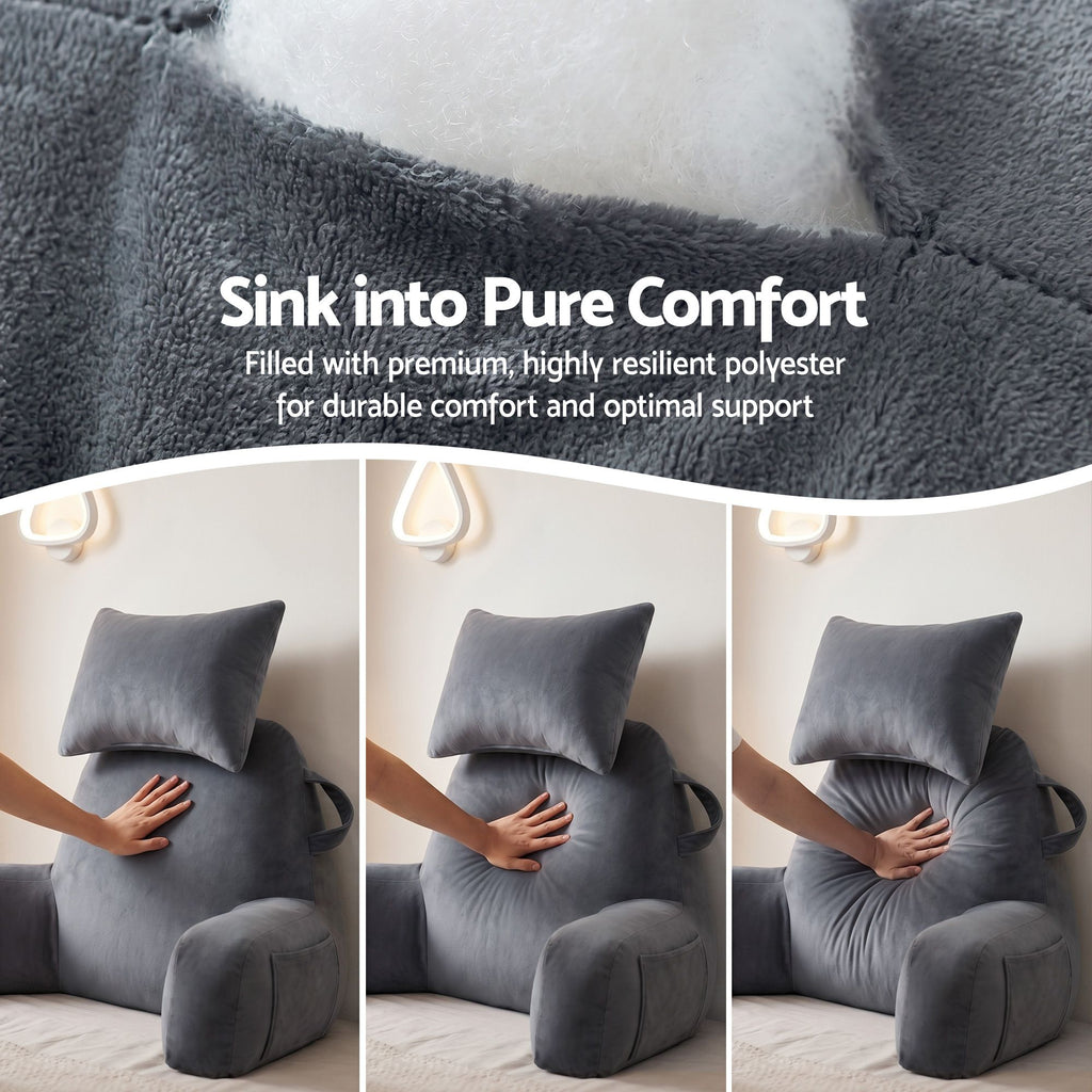 Giselle Bedding Reading Pillow with Detachable Neck Roll & Armrests Sit Up Pillow for Bed Back Support Pillow for Watching TV & Gaming Gray