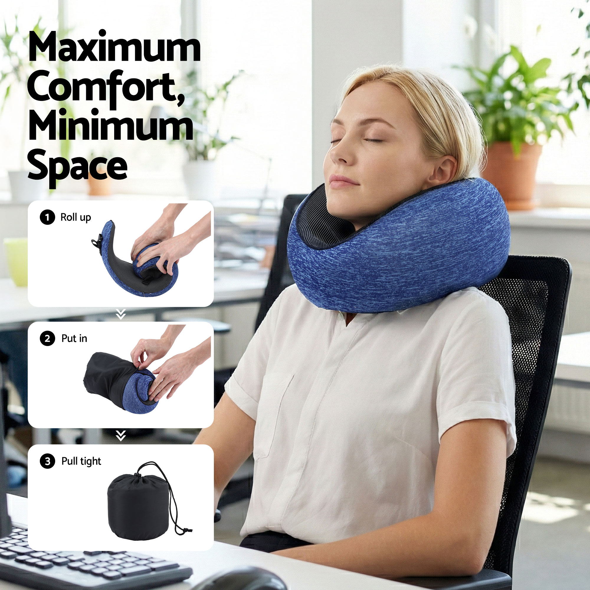Wanderlite Travel Pillows for Airplanes Ergonomic Memory Foam Neck Pillow, Breathable & Washable Cover, Travel Bag Included, Airplane Pillow for Airplane, Car, Office and Home, Blue