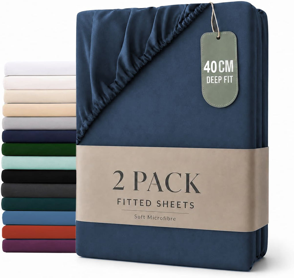 Hotel Quality Fitted sheets - 2 Piece Fitted sheets  -Breathable Bedding - Wrinkle, Fade, Stain Resistant- 26inch/40cm Deep Pocket Fitted Bed Sheet-Wrinkle and Fade Resistant,(Navy,Double)