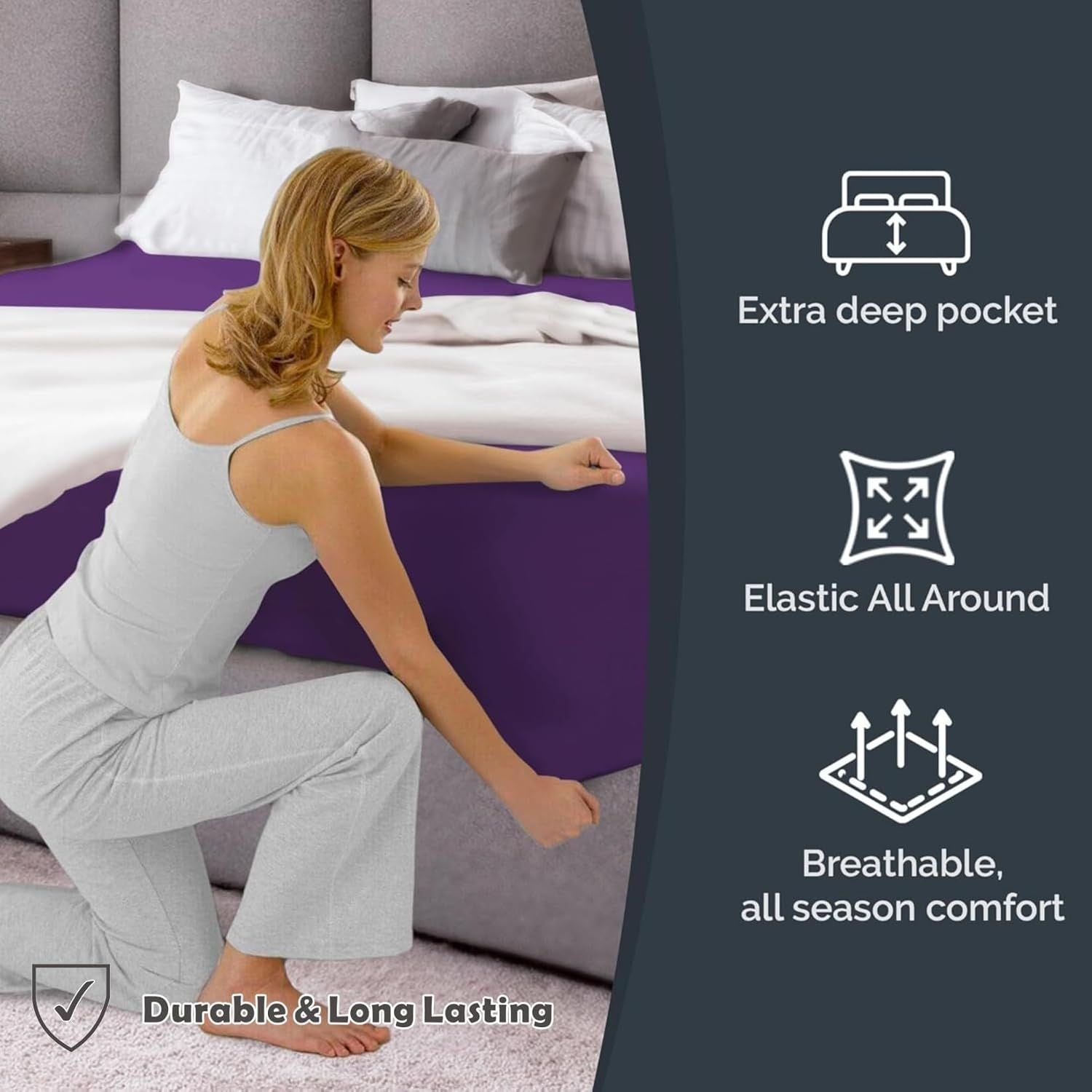 Hotel Quality Fitted Sheet - 1 Piece Fitted Sheet  -Breathable Bedding - Wrinkle, Fade, Stain Resistant- 16inch/40cm Deep Pocket Fitted Bed Sheet-Wrinkle and Fade Resistant,(Purple,Single)