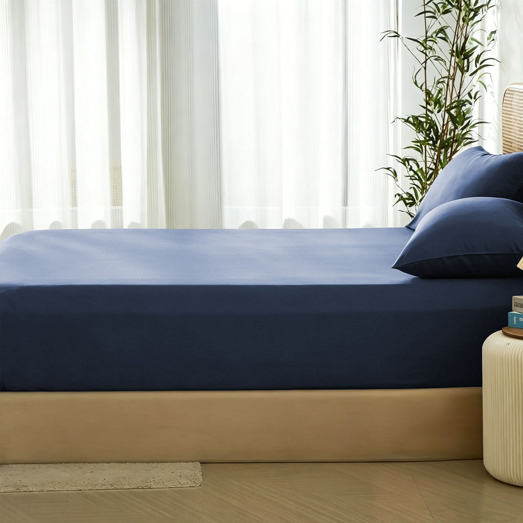 2 Piece Hotel Bamboo Cooling Fitted Sheet Set & Pillowcase -Ultra Soft 2000TC Breathable Fitted Bed Sheets Set with 37 Centimetre Deep Pocket-Cooling Sheets for Hot Sleepers(Navy,King Single)