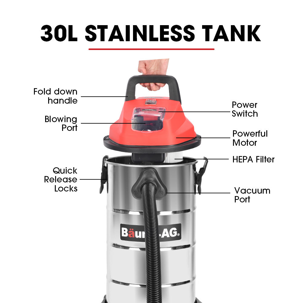 BAUMR-AG 30L Cordless Wet & Dry Vacuum Cleaner Kit, with 4Ah battery and Charger, Blower, HEPA Filter, Accessories, Stainless Steel, for Car, Home, Garage