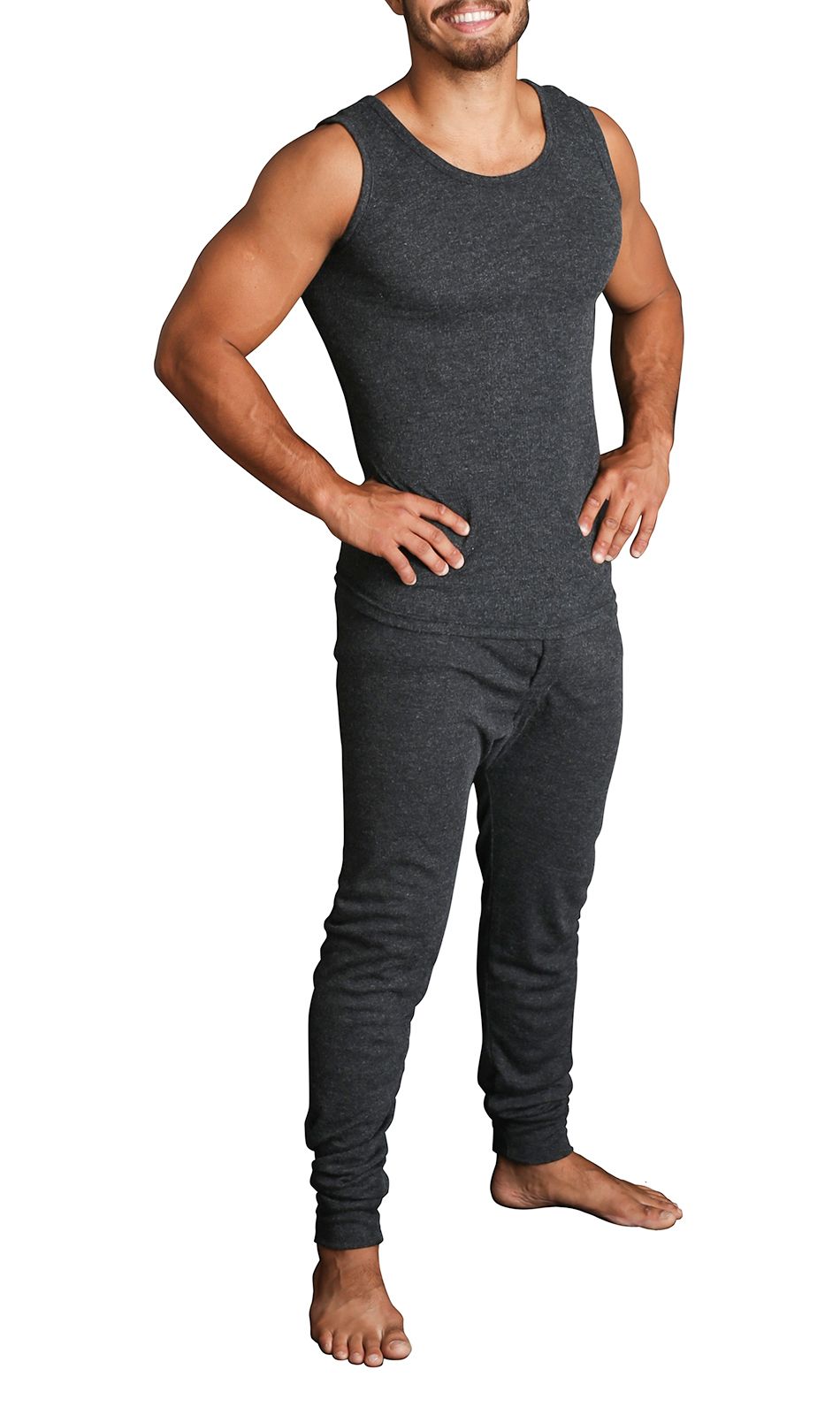 2pcs Set Mens Merino Wool Blend Thermal Singlet Top & Pants Underwear Thermals - Black - XXL