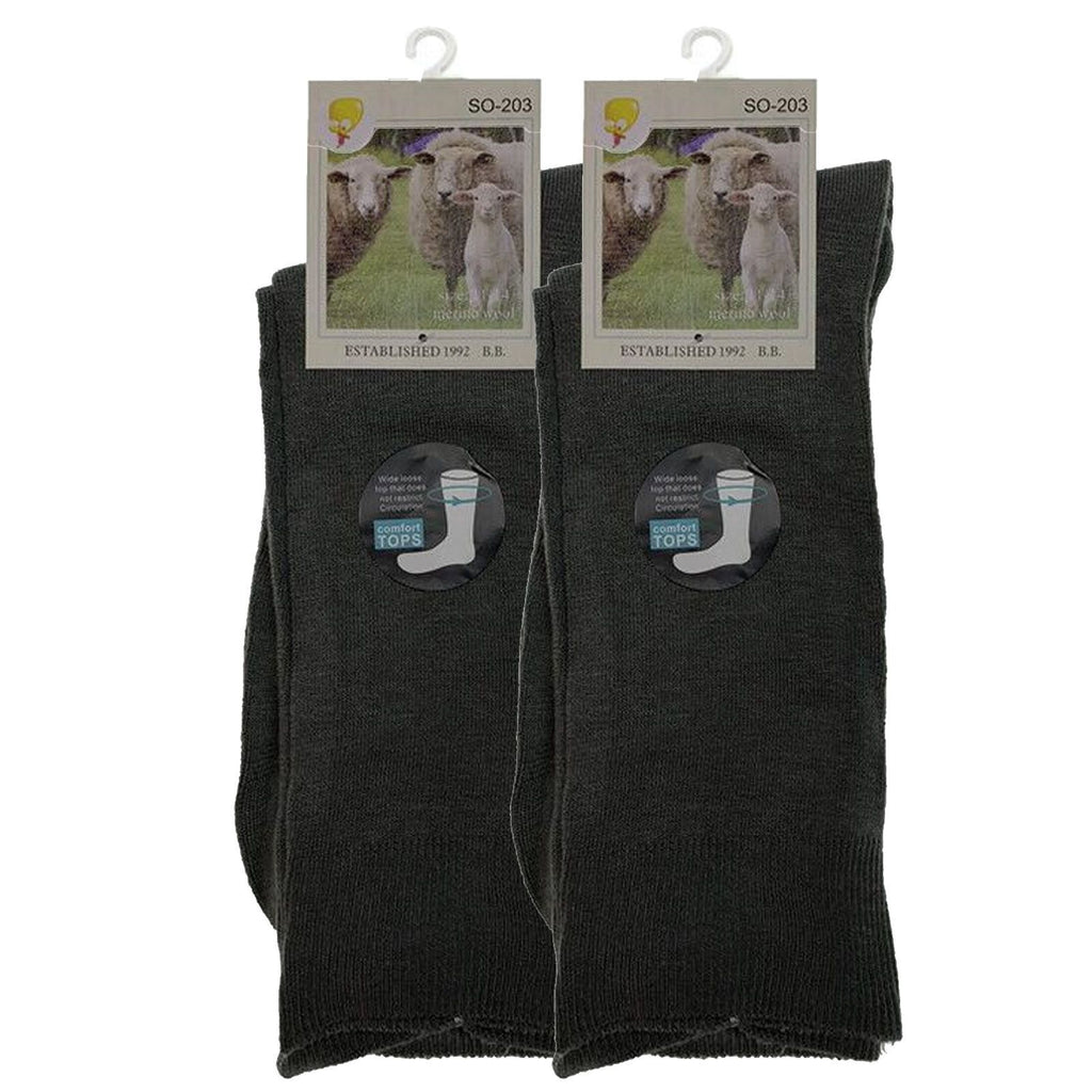 Merino Wool Mens Loose Top Thermal Socks Diabetic Comfort Circulation - 2 Pairs - Grey - 11-14