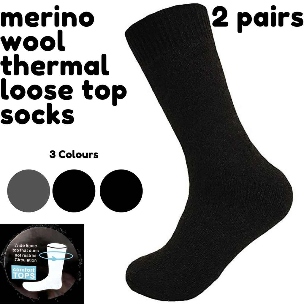 Merino Wool Mens Loose Top Thermal Socks Diabetic Comfort Circulation - 2 Pairs - Grey - 11-14