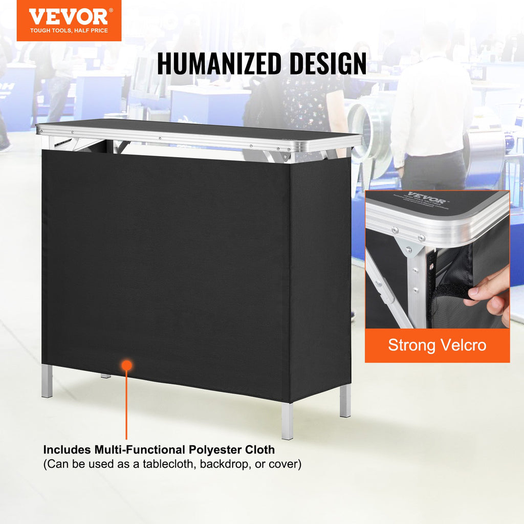 Folding Portable Bar Table, Tradeshow Podium Table for Indoor, Outdoor, Party, Picnic, Exhibition, Includes Carrying Case, Storage Shelf and Black Skirt, 38.39" x 15.16" x 34.25?