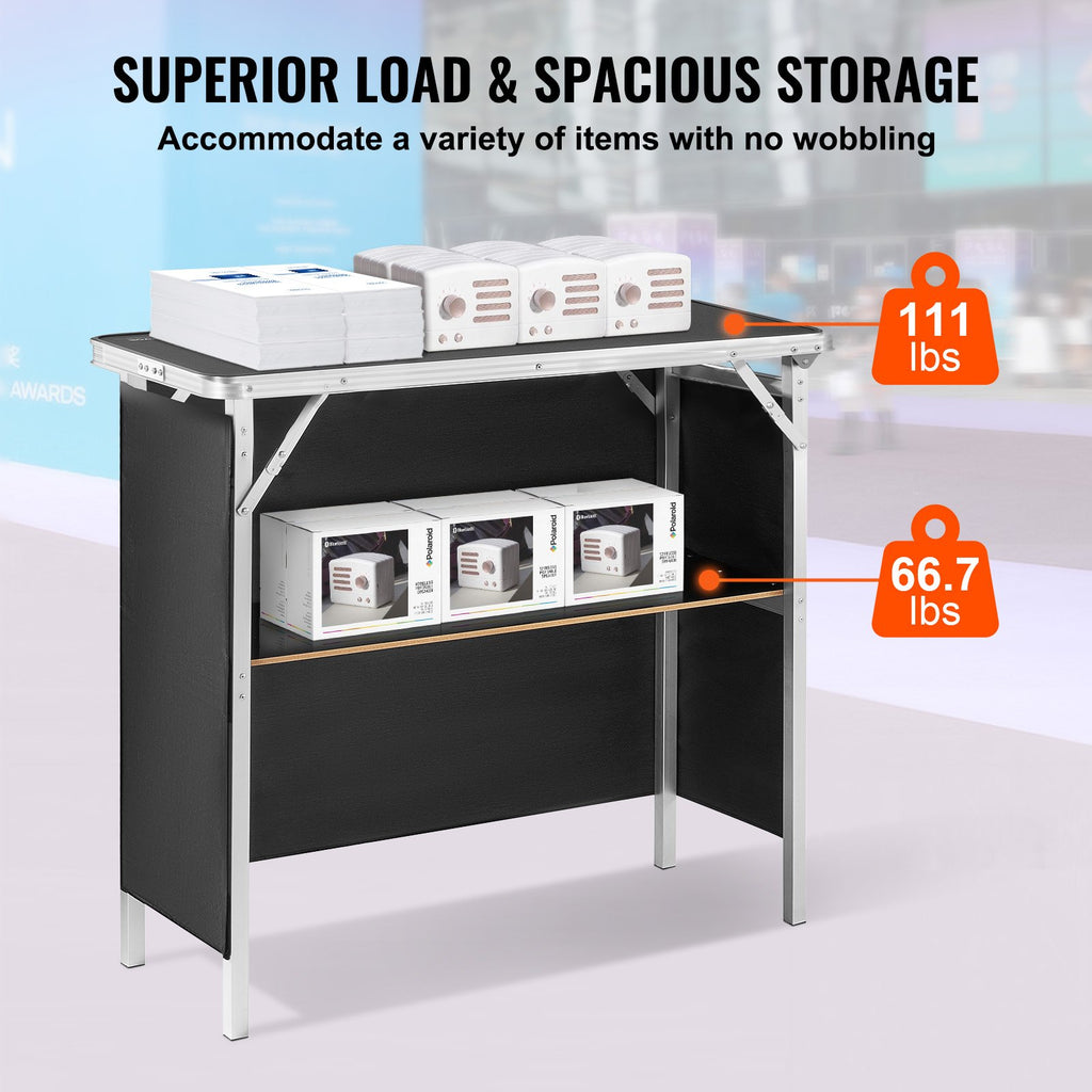 Folding Portable Bar Table, Tradeshow Podium Table for Indoor, Outdoor, Party, Picnic, Exhibition, Includes Carrying Case, Storage Shelf and Black Skirt, 38.39" x 15.16" x 34.25?