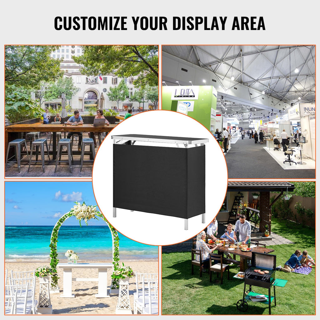 Folding Portable Bar Table, Tradeshow Podium Table for Indoor, Outdoor, Party, Picnic, Exhibition, Includes Carrying Case, Storage Shelf and Black Skirt, 38.39" x 15.16" x 34.25?