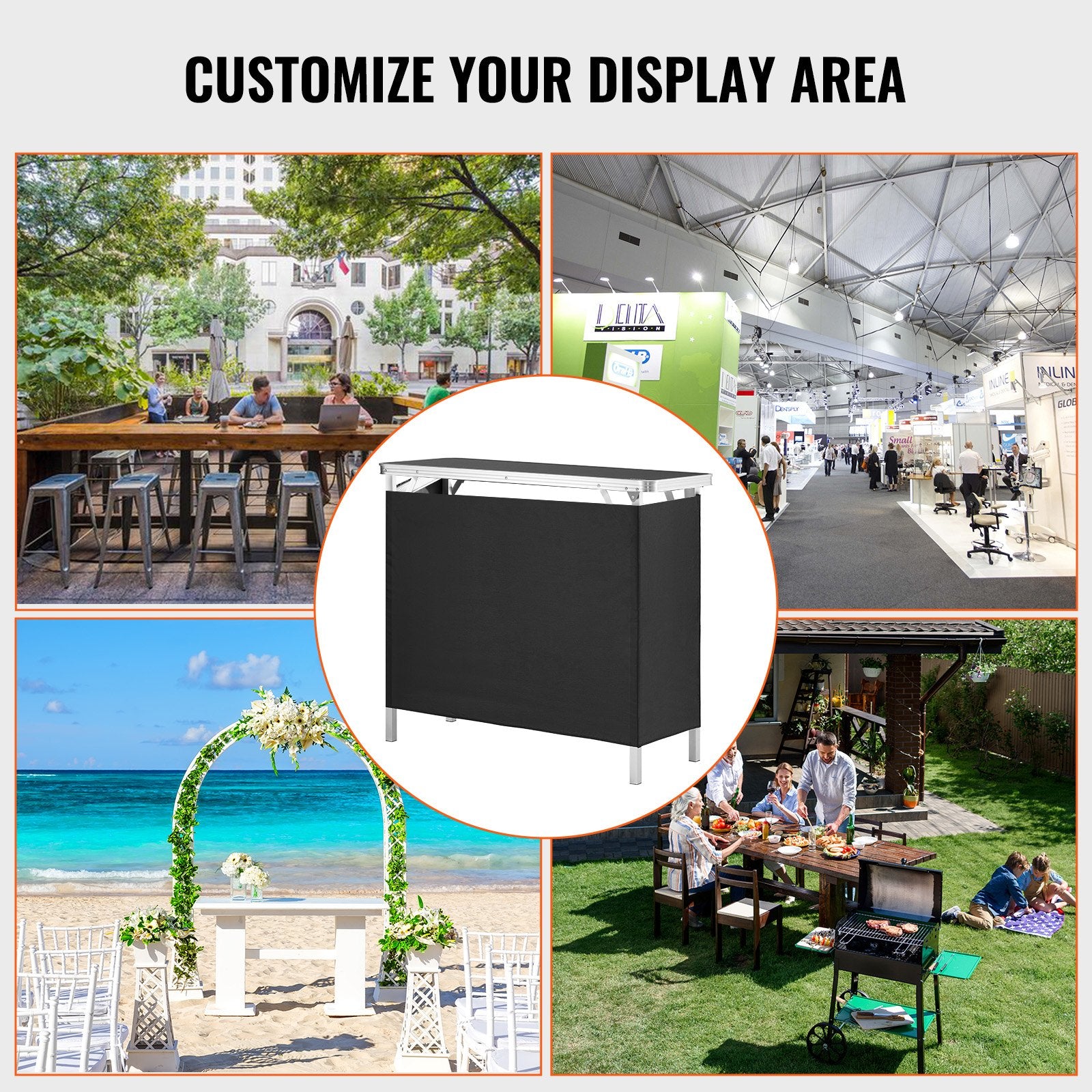 Folding Portable Bar Table, Tradeshow Podium Table for Indoor, Outdoor, Party, Picnic, Exhibition, Includes Carrying Case, Storage Shelf and Black Skirt, 38.39" x 15.16" x 34.25?