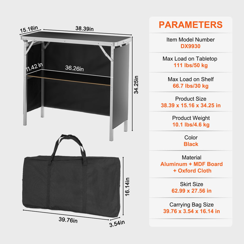 Folding Portable Bar Table, Tradeshow Podium Table for Indoor, Outdoor, Party, Picnic, Exhibition, Includes Carrying Case, Storage Shelf and Black Skirt, 38.39" x 15.16" x 34.25?