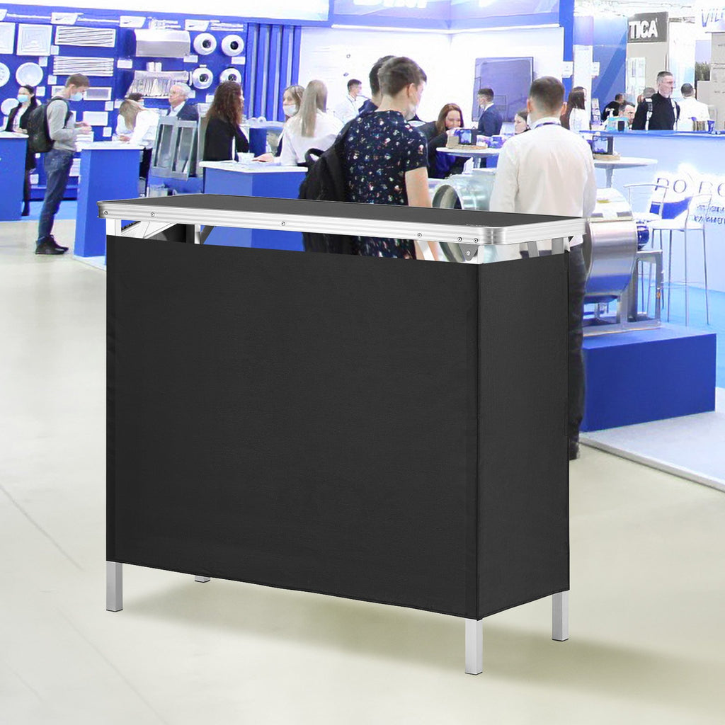Folding Portable Bar Table, Tradeshow Podium Table for Indoor, Outdoor, Party, Picnic, Exhibition, Includes Carrying Case, Storage Shelf and Black Skirt, 38.39" x 15.16" x 34.25?