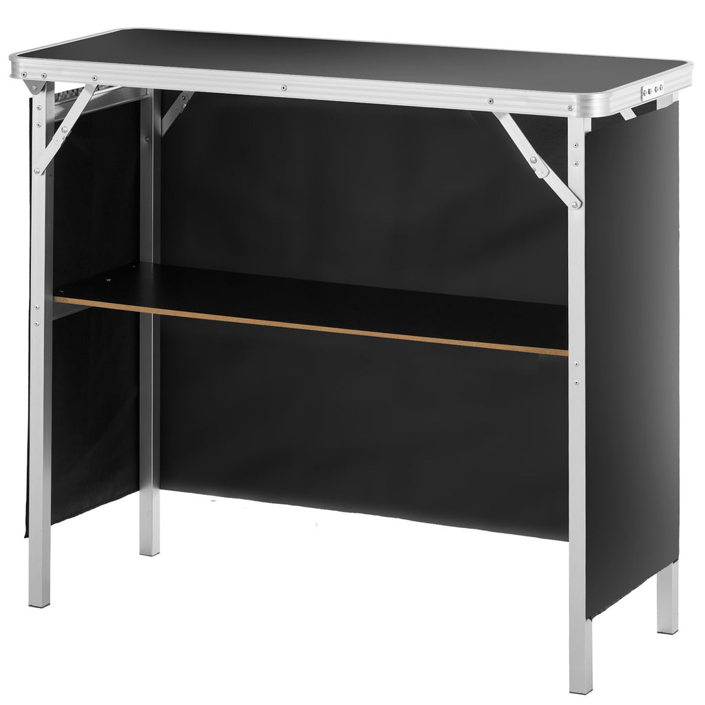 Folding Portable Bar Table, Tradeshow Podium Table for Indoor, Outdoor, Party, Picnic, Exhibition, Includes Carrying Case, Storage Shelf and Black Skirt, 38.39" x 15.16" x 34.25?