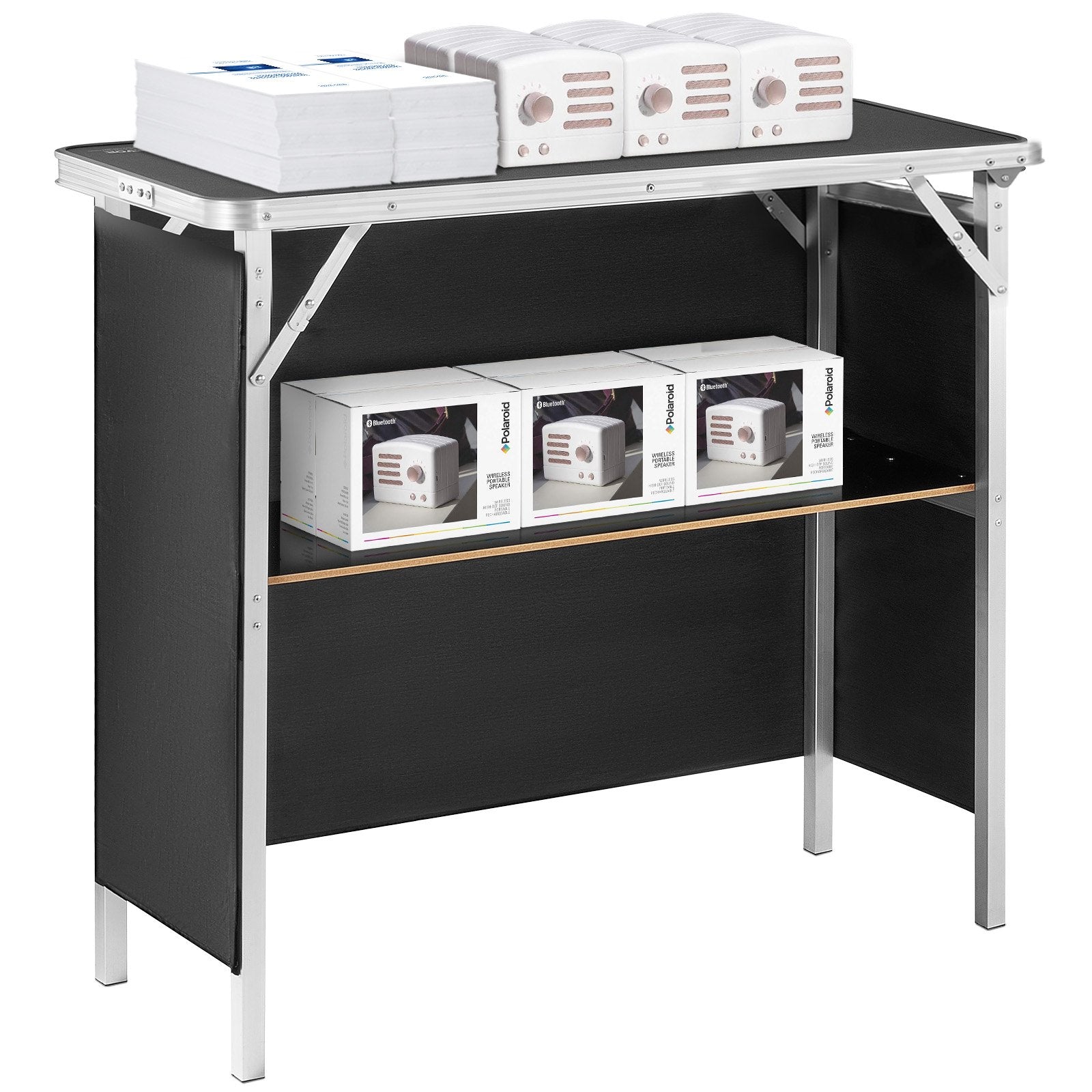 Folding Portable Bar Table, Tradeshow Podium Table for Indoor, Outdoor, Party, Picnic, Exhibition, Includes Carrying Case, Storage Shelf and Black Skirt, 38.39" x 15.16" x 34.25?