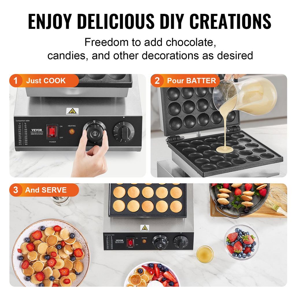 Mini Dutch Pancake Maker, 25PCS 43mm Diameter Dorayaki Baker Machine, 1700W Commercial Electric Poffertjes Grill, Non-stick Stainless Steel, Temp & Time Control, for Home Kitchen Restaurant