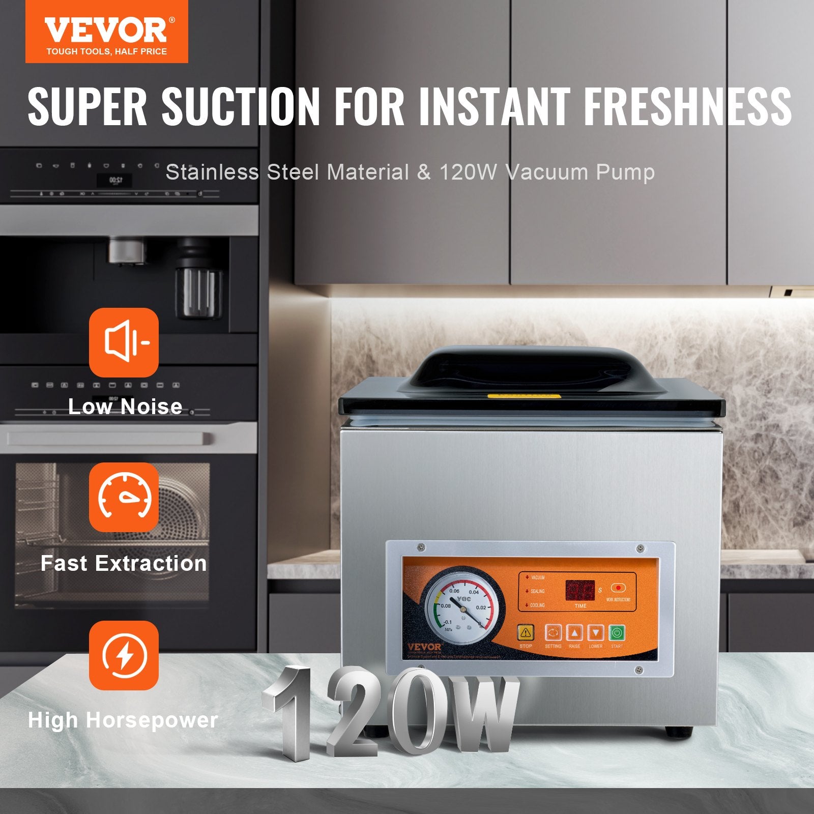 Chamber Vacuum Sealer, 260W Sealing Power, Vacuum Packing Machine for Wet Foods, Meats, Marinades and More, Compact Size with 260 mm Sealing Length, Applied in Home Kitchen and Commercial Use