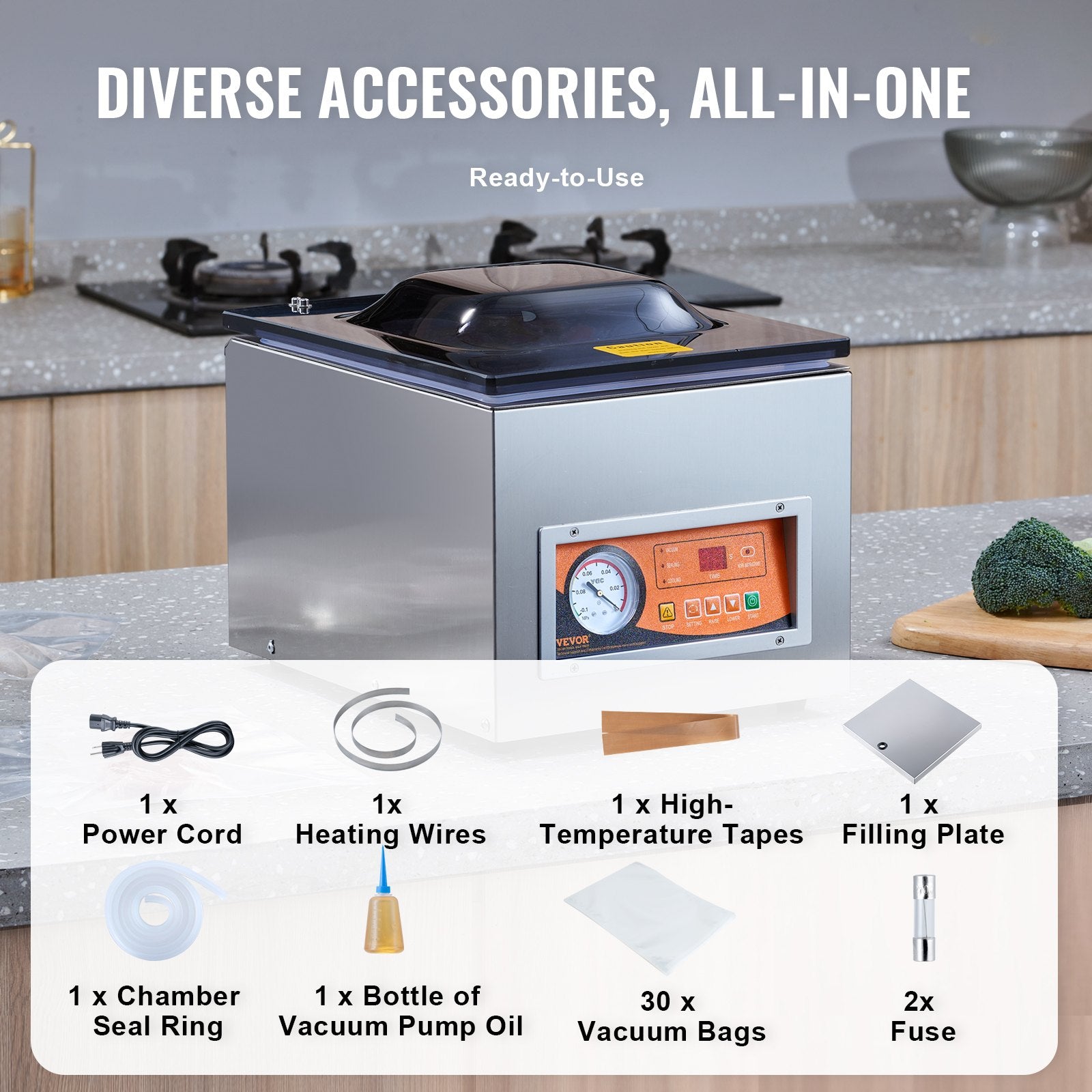 Chamber Vacuum Sealer, 260W Sealing Power, Vacuum Packing Machine for Wet Foods, Meats, Marinades and More, Compact Size with 260 mm Sealing Length, Applied in Home Kitchen and Commercial Use