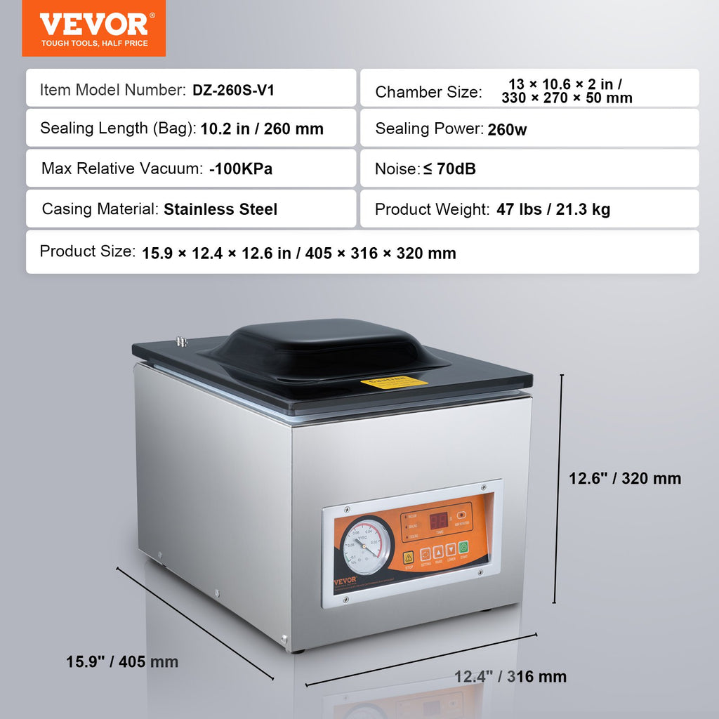 Chamber Vacuum Sealer, 260W Sealing Power, Vacuum Packing Machine for Wet Foods, Meats, Marinades and More, Compact Size with 260 mm Sealing Length, Applied in Home Kitchen and Commercial Use