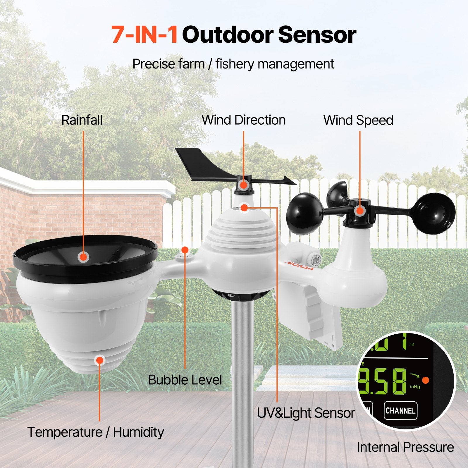 7-in-1 Wi-Fi Weather Station, 7.5 in Color Display, Home Weather Station Indoor Outdoor, with Solar Wireless Outdoor Sensor Alarm Alerts, for Temperature Humidity Wind Speed/Direction Rain
