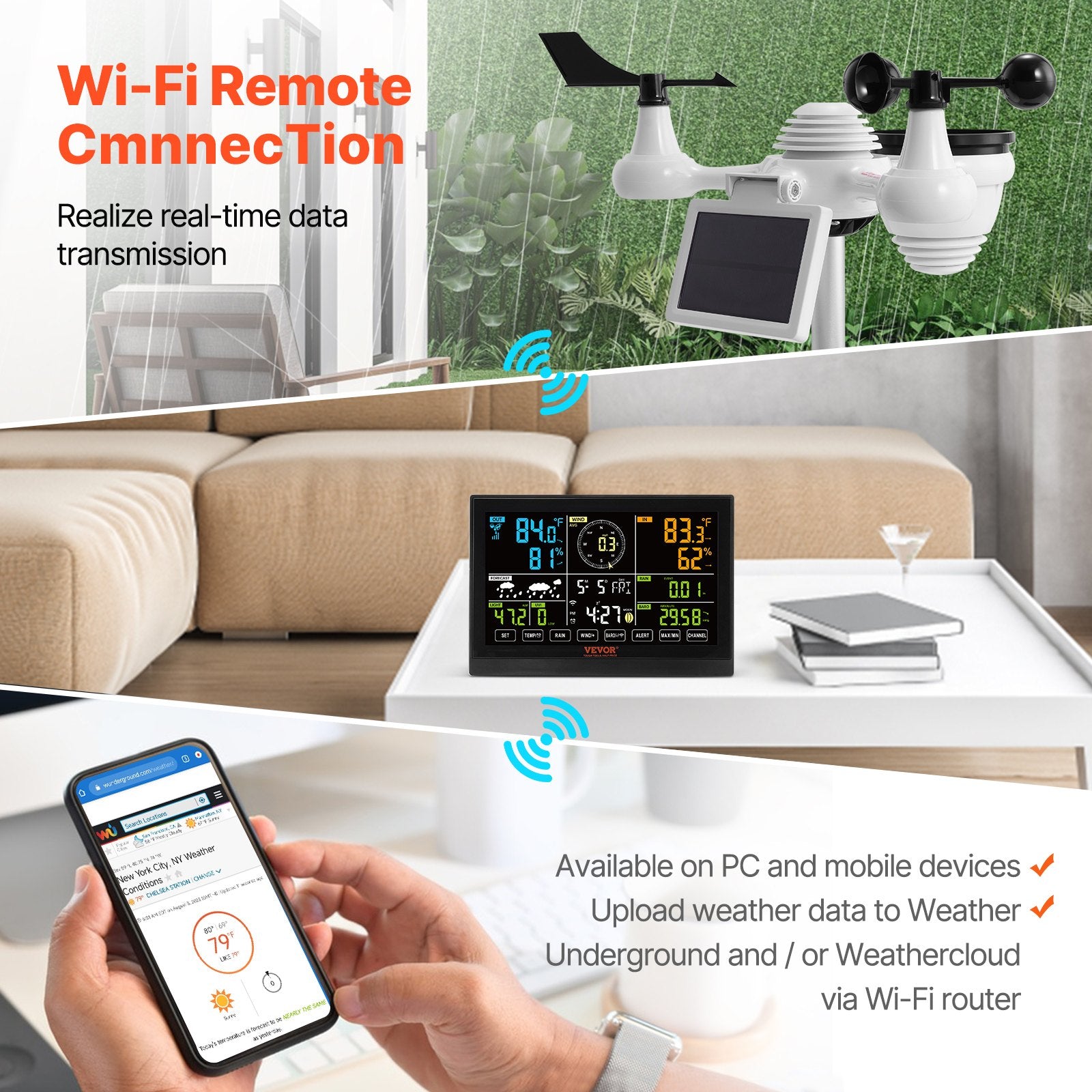 7-in-1 Wi-Fi Weather Station, 7.5 in Color Display, Home Weather Station Indoor Outdoor, with Solar Wireless Outdoor Sensor Alarm Alerts, for Temperature Humidity Wind Speed/Direction Rain