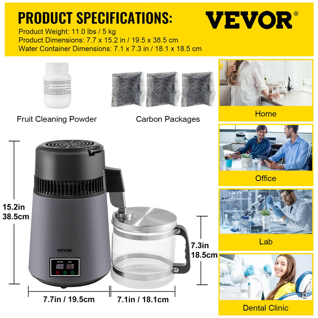 Home Water Distiller Distilled Water Maker 4 L with Dual Temp Display Grey
