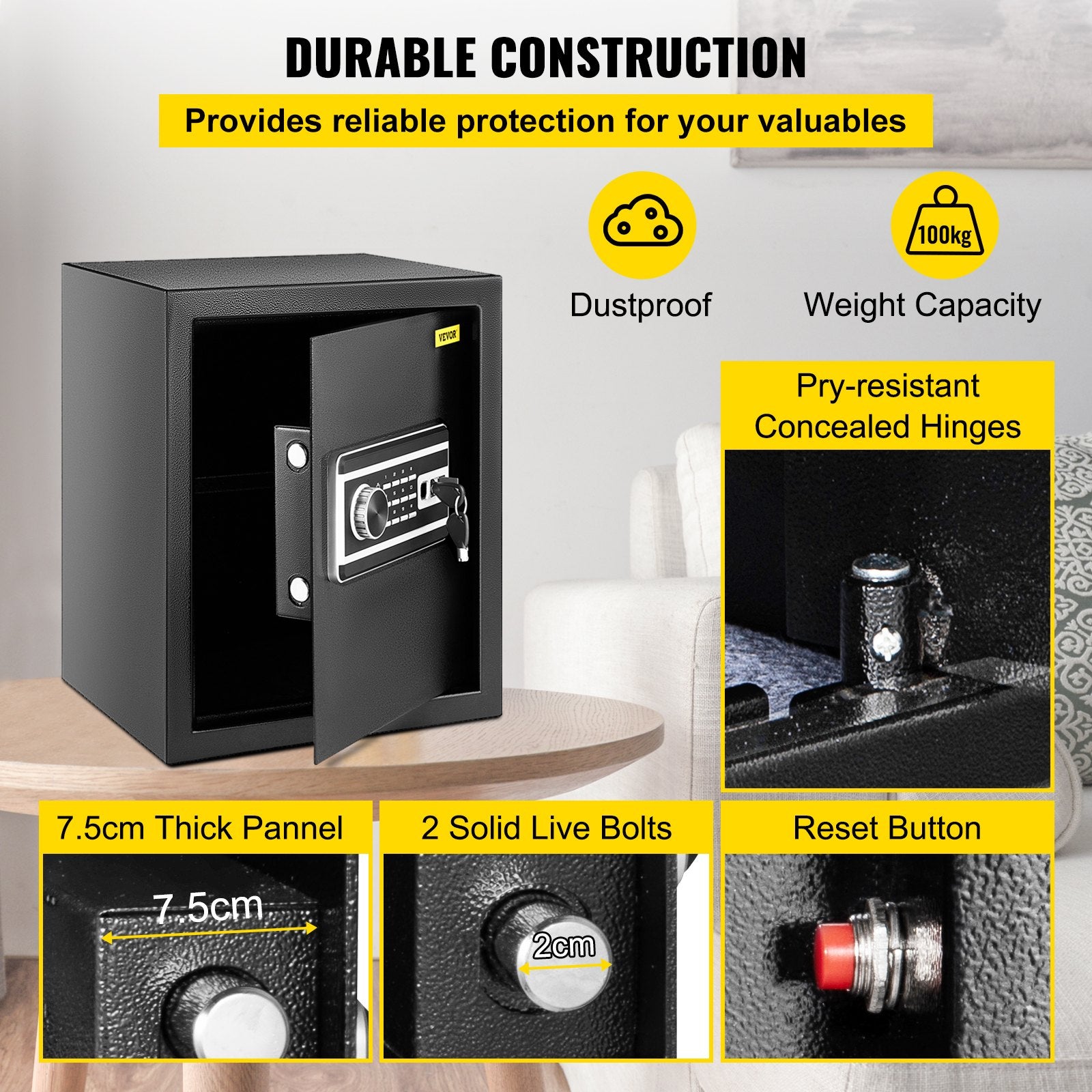 Safe Box, 1.7 CU.FT Fingerprint Safe Box for Money with 2 Keys & Digital Keypad, Q235 Steel Safe Box for Storing Cash, Jewelry, Pistols, Documents, Watches in Home & Office & Hotel