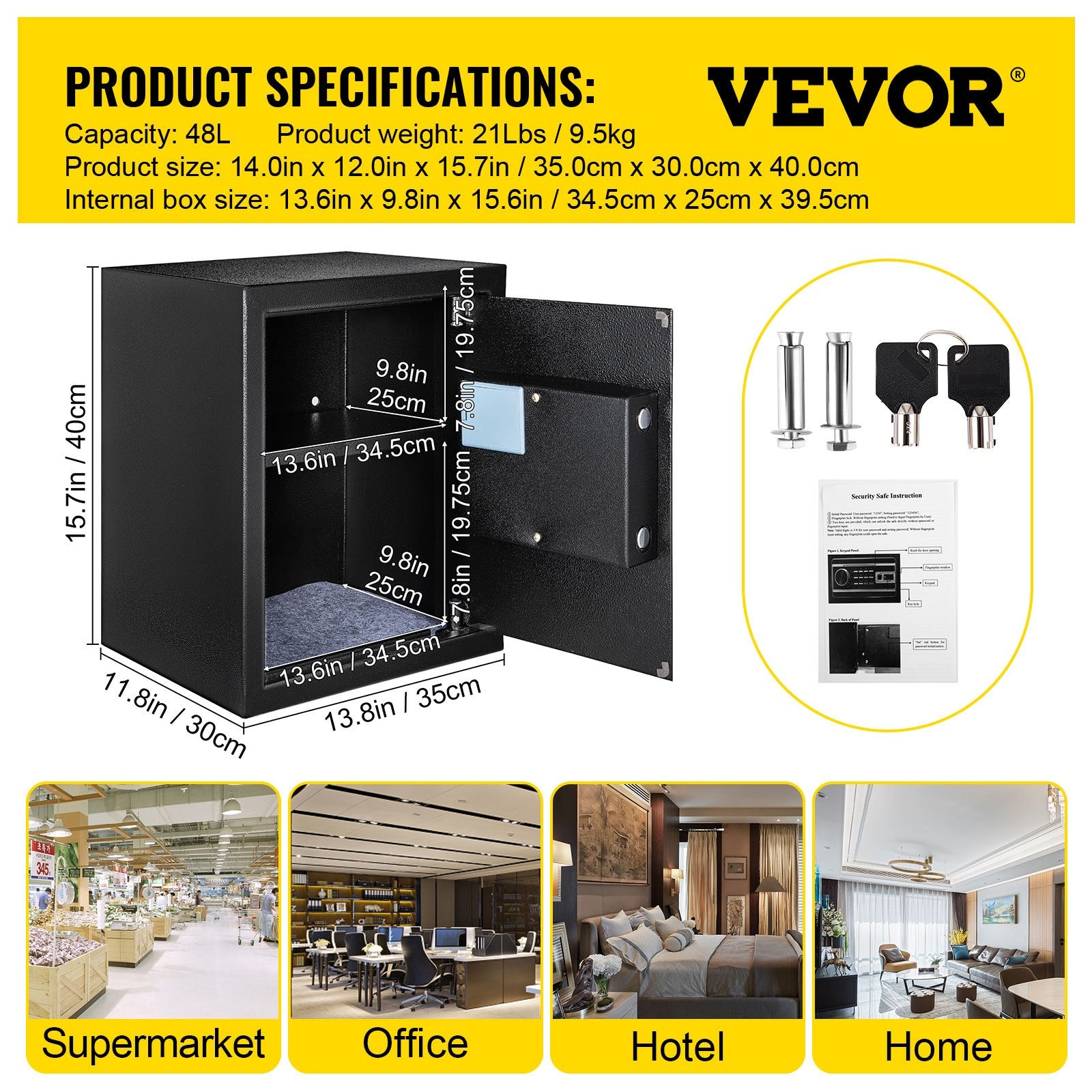 Safe Box, 1.7 CU.FT Fingerprint Safe Box for Money with 2 Keys & Digital Keypad, Q235 Steel Safe Box for Storing Cash, Jewelry, Pistols, Documents, Watches in Home & Office & Hotel